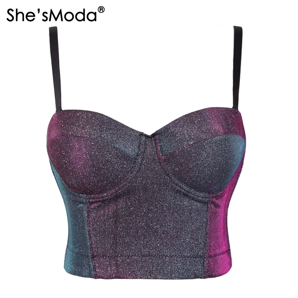 She'sModa Блестящий бюстгальтер без косточек, Женский бюстье, бюстгальтер для ночного клуба, вечерние, укороченный топ, жилет размера плюс