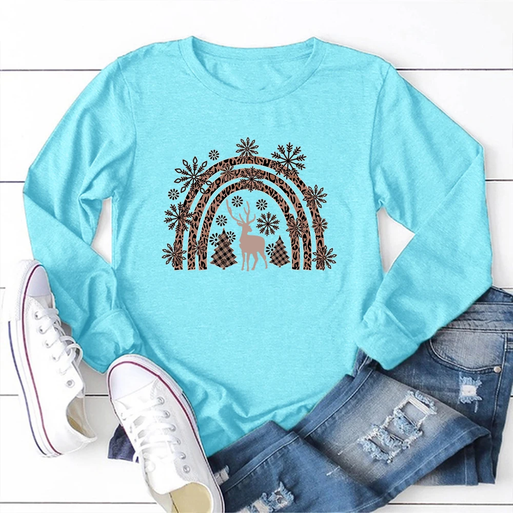 

Y2k Aesthetic Graphic T Shirts 65% Cotton Long Sleeve Harajuku Shirts for Women Deer In The Forest Printing Femme T-shirts Tops