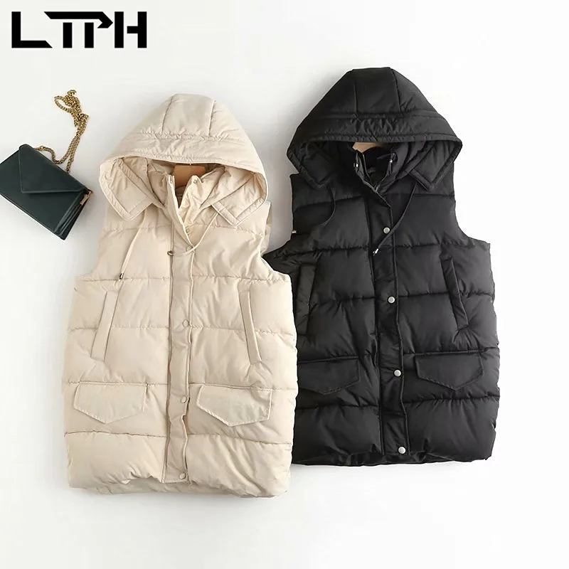 

LTPH winter puffer jacket women parka vests mid-length sleeveless hooded coat casual warm all-match outerwear 2021 autumn new