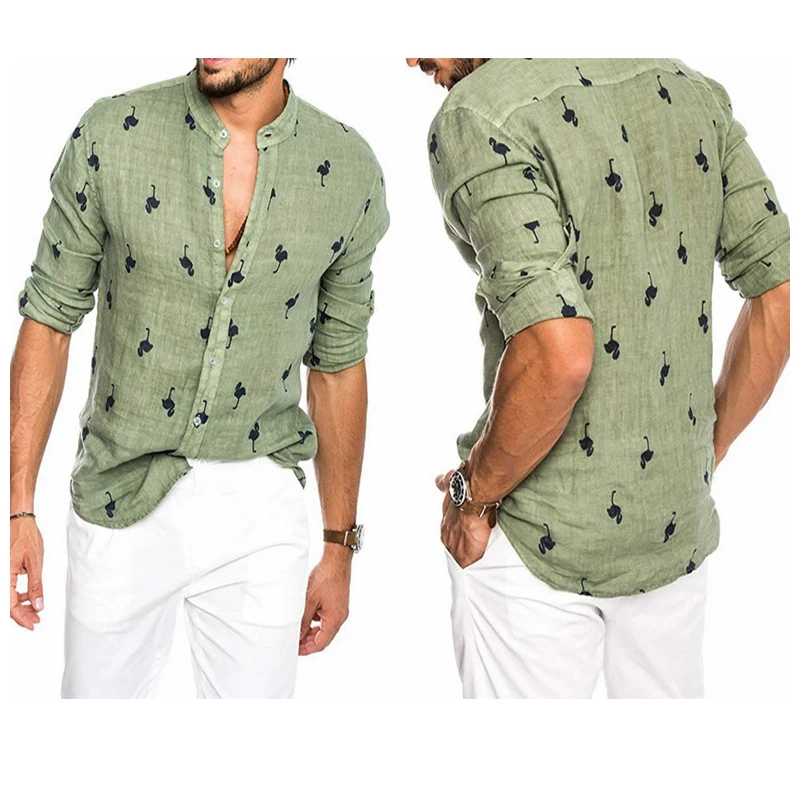 Мужская гавайская рубашка с принтом фламинго свободная длинными рукавами и