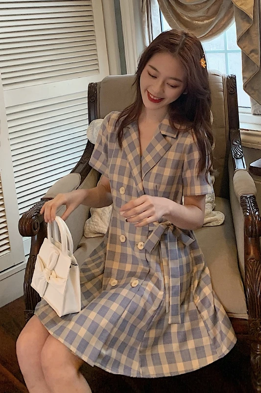 

ZOSOL 2020 Summer New French Dress Strap Waist Hugging Slim Double Breasted Short-Sleeved Plaid Dress Female