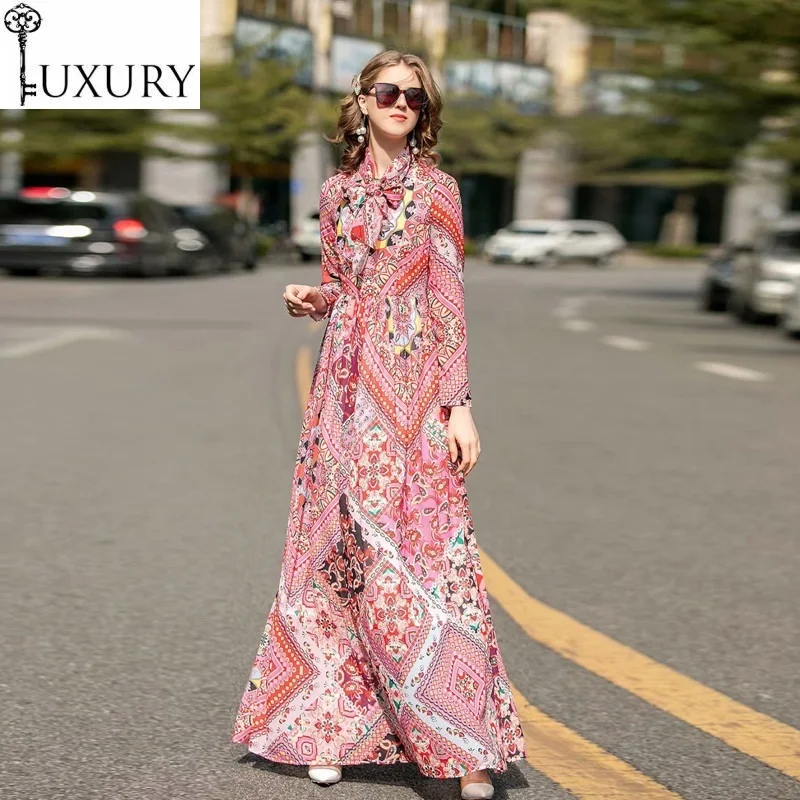 

Women Bohemian 2020 Spring O-Neck Vintage National Style Print Sleeve Casual Beach Long Maxi Dress Chic