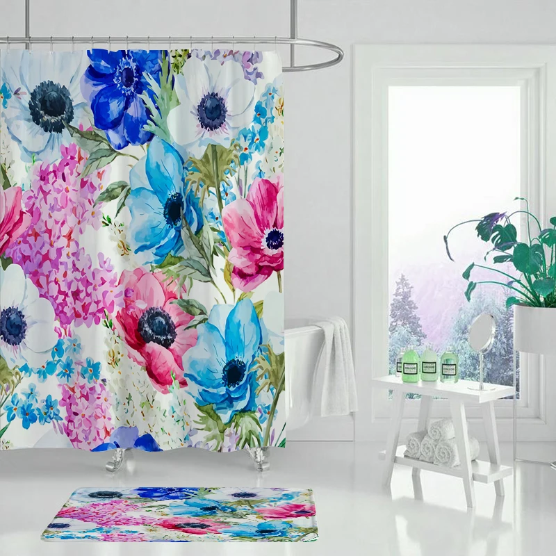 Занавеска для душа желтые цветы черный фон весенние растения креативное