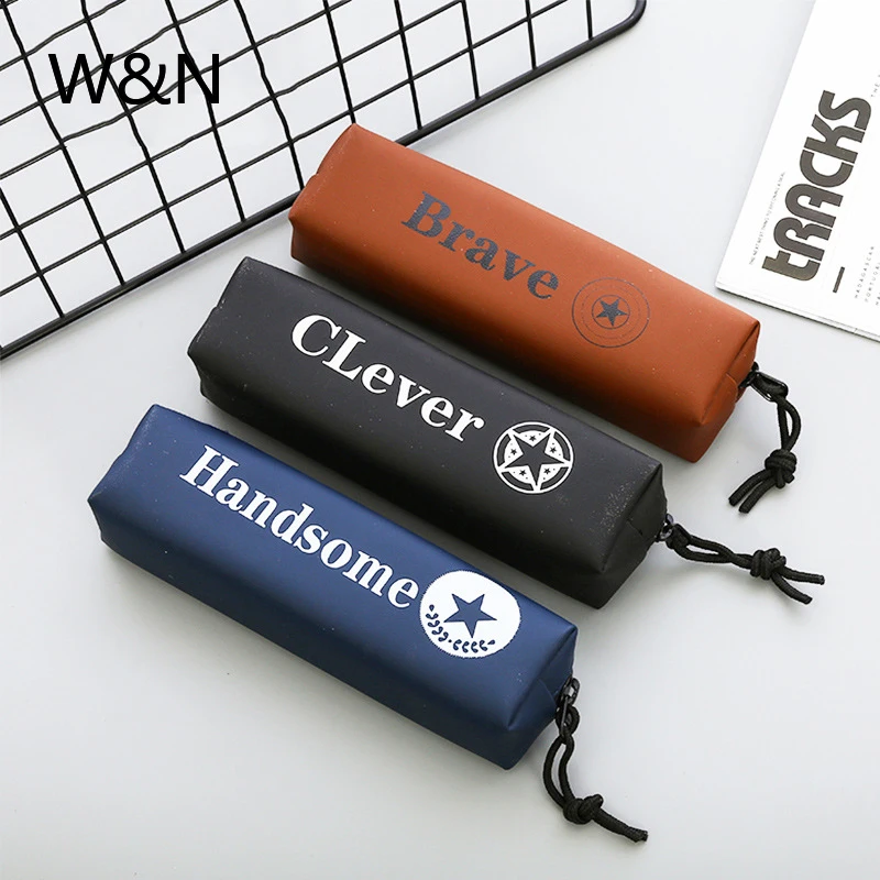 Синий кожаный чехол для карандашей большая емкость простой Одноцветный с