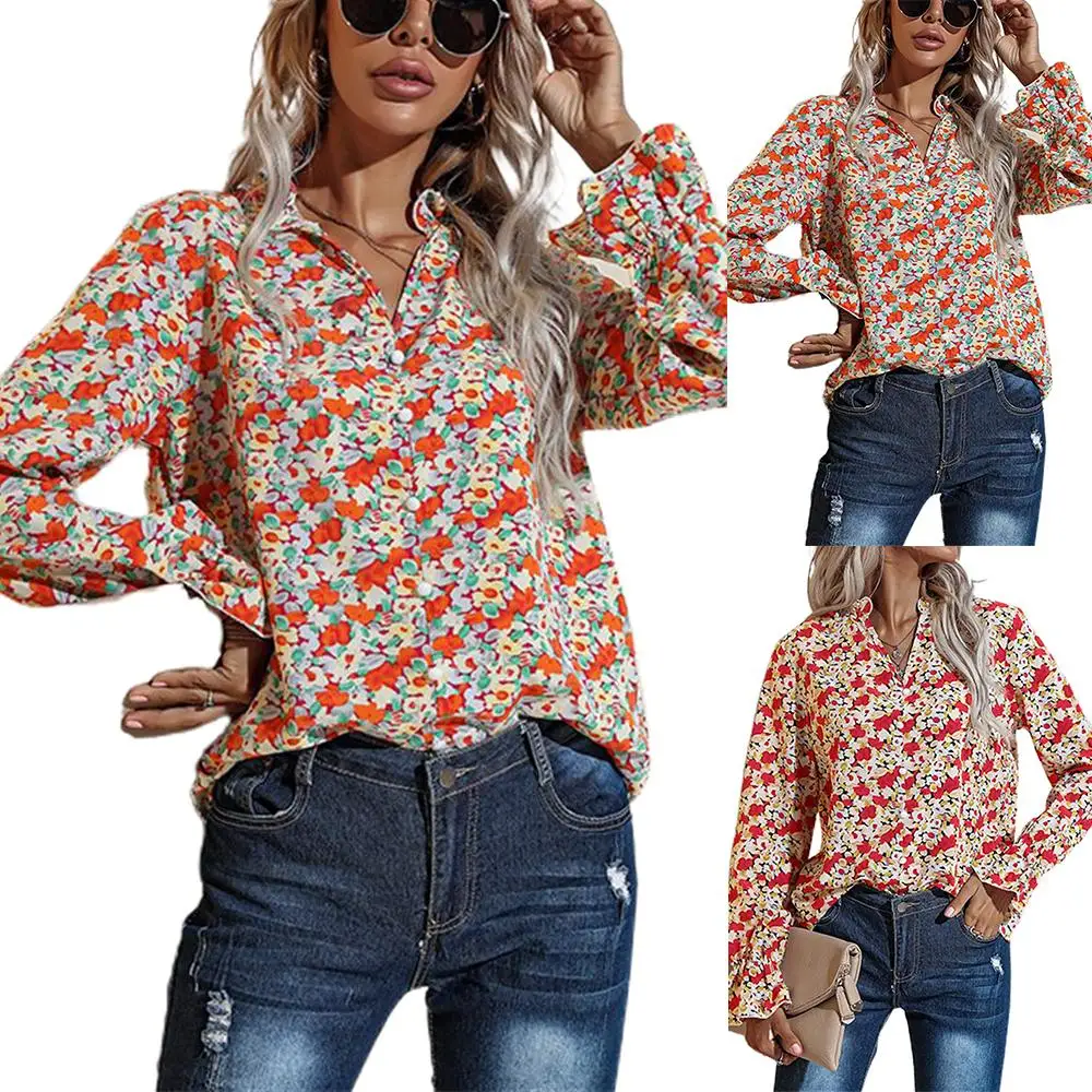 

Floral Printed Women V Neck Long Sleeve Shirts Casual Ladies Reto Blouses