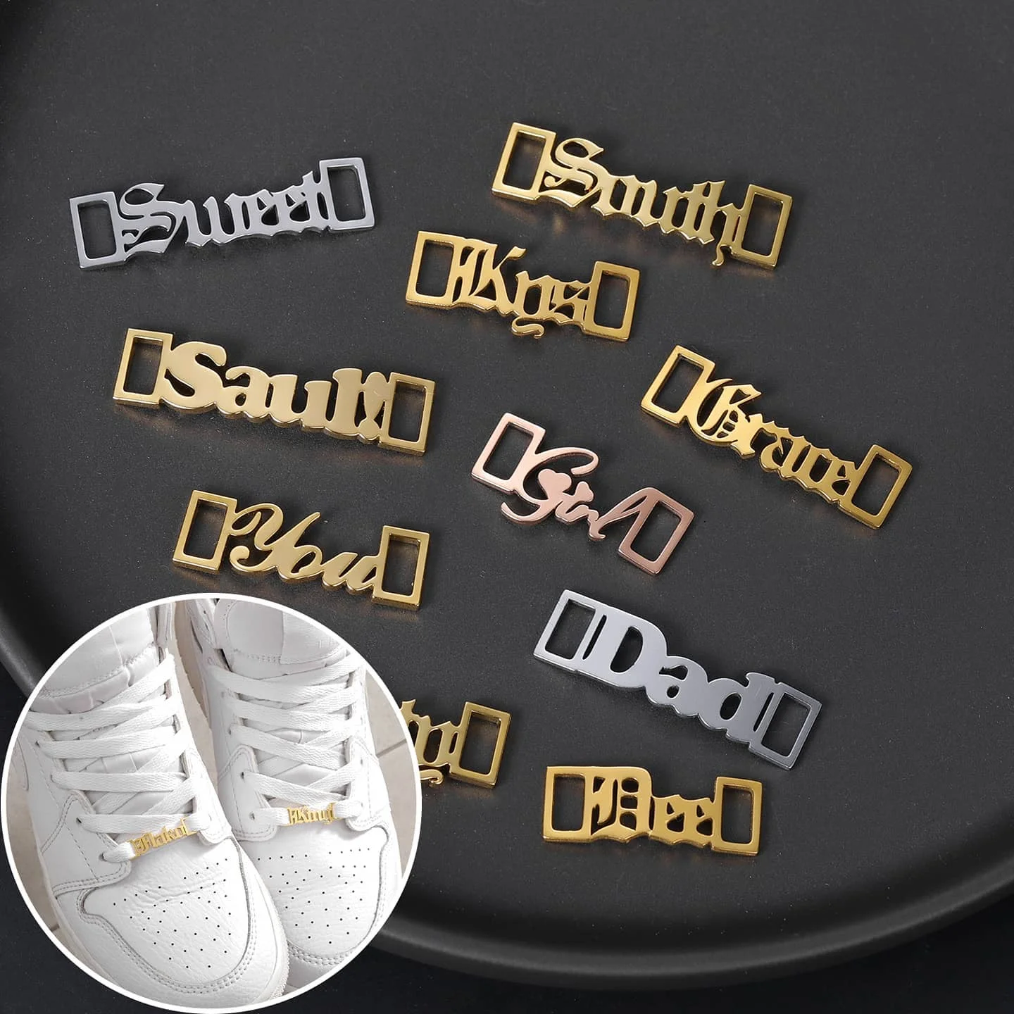 

Personalized Name Shoe-buckle Custom High Quality Stainless Steel Jewelry Nameplate Buckie Gold Silver Charm Fashion Shoe Tags