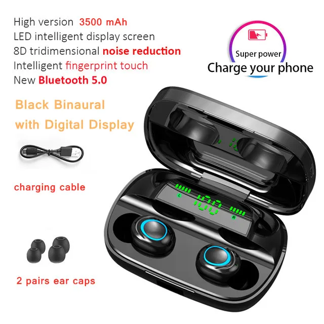 Binaural-black LED S11 3500 мАч Внешний аккумулятор наушники Bluetooth Беспроводные спортивные наушники TWS игровая гарнитура с микрофоном для IPhone Xiaomi - Цвет: Binaural-black LED