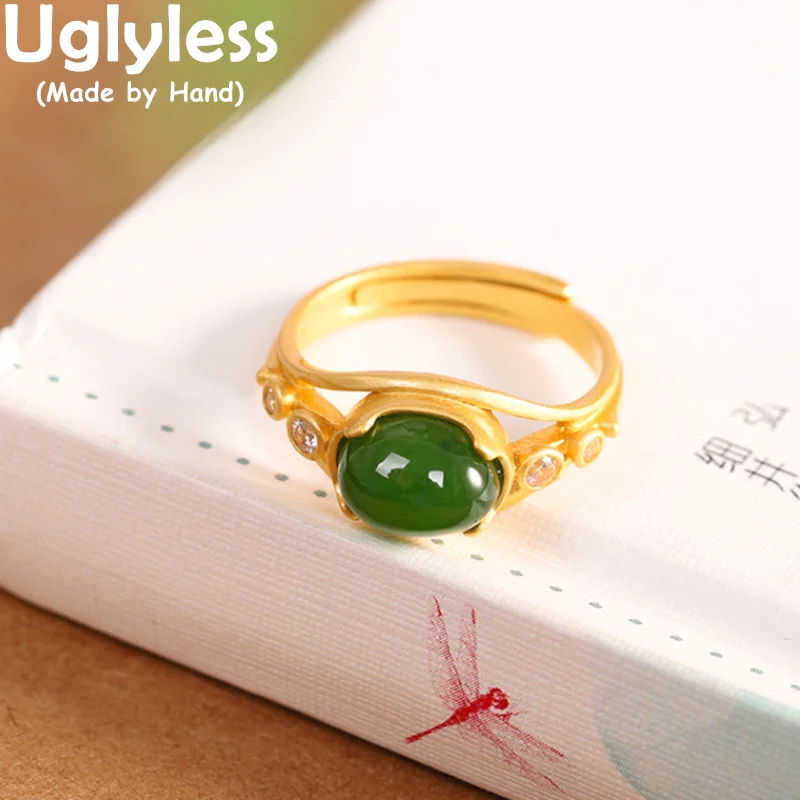 

Uglyless Simple Fashion Gemstones Rings Women Natural Hotan Jade Jasper Jewelry Real 925 Sterling Silver Rings Zircons Crystals