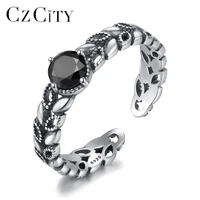 czcity real 925 sterling silver retro open rings for women unique hollow leaves design vintage gemstone cuff rings femme bijoux