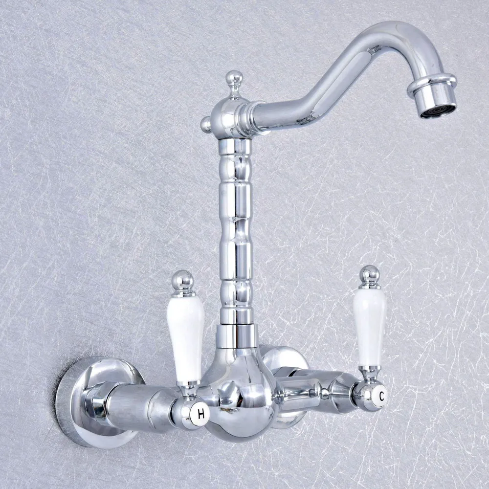 

Silver Polished Chrome Brass Wall Mounted Double Ceramic Handles Bathroom Kitchen Sink Faucet Mixer Tap Swivel Spout asf548