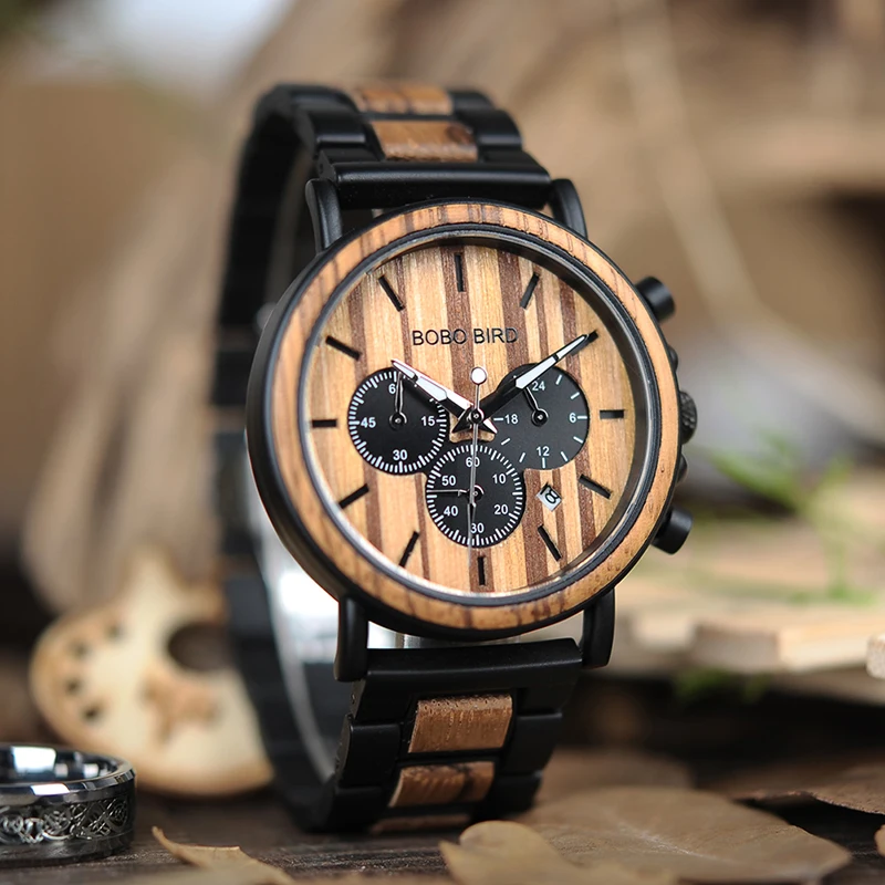 BOBO BIRD деревянные часы для мужчин Секундомер Хронограф relojes hombre Показать дату деревянные кварцевые наручные часы Мужские часы в подарочной коробке