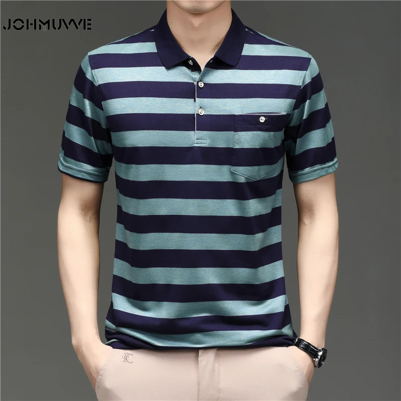 

JOHMUVVE 2021 New Arrival Polo Shirt Striped Short Sleeve Summer Cool Shirt Streetwear Fashion Male Polo Shirt Men Tops Clothes