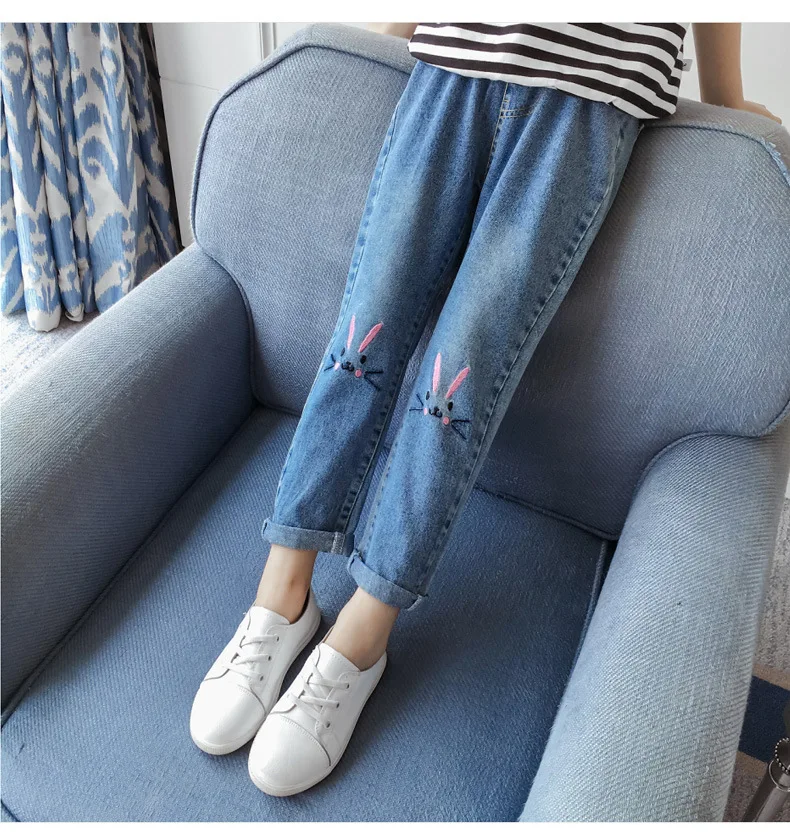 4~11T Spring Fall Youth Girls Casual Jeans Elastic Belt Denim Pants for the Teens Girl Pantolon Teenagers Dog Rabbit Embroidery | Детская