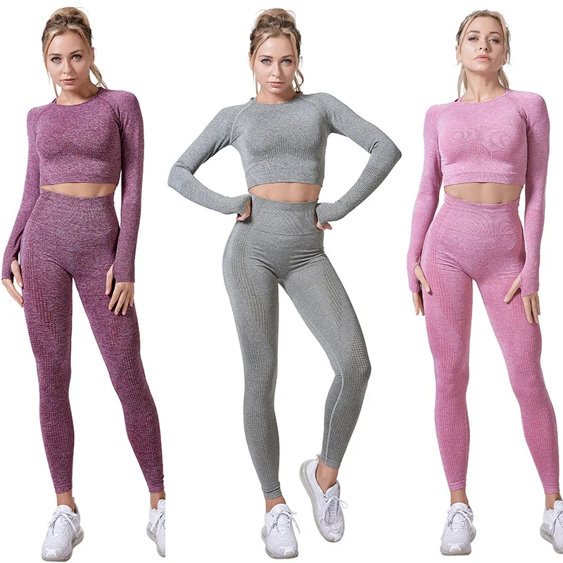 

Women Seamless Yoga Set Fitness Sports Suits Gym Clothing Long Sleeve Crop Top Shirts High Waist Running Leggings Workout Pants