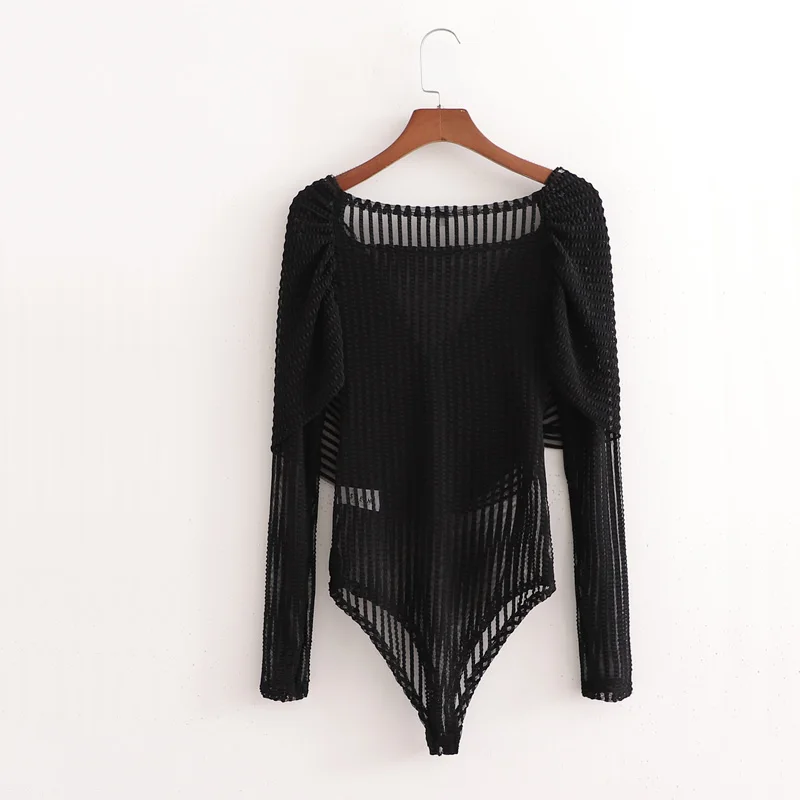 

Summer women casual solid color strapless long sleeve perspective jumpsuit