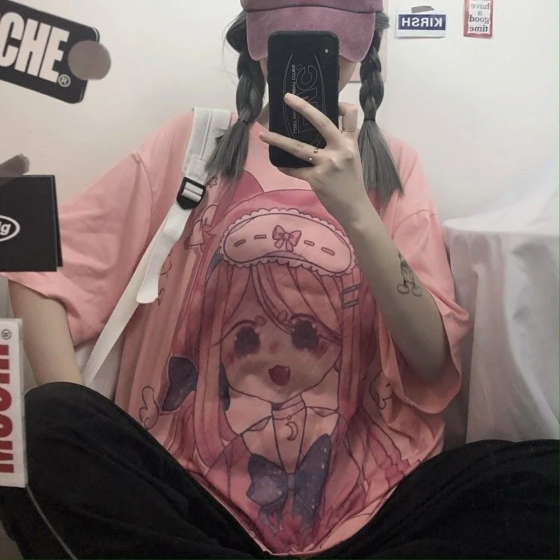 

Футболка женская с коротким рукавом, мультяшный розовый топ в японском стиле, уличная одежда для студенток, Топ в стиле Харадзюку, рубашка в ...