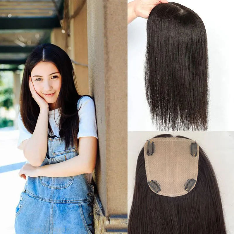Silk Base Toupee For Women Human Hair No Bangs Silk Base Human Hair Top Hair Pieces Clip in Topper for Wig Natural Color