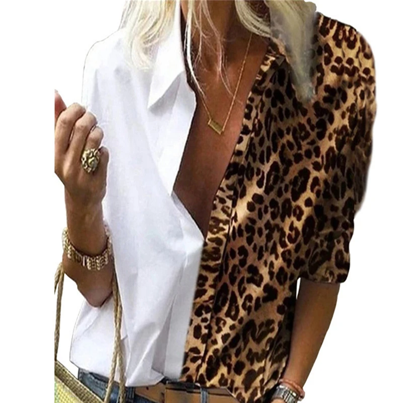 

New Leopard White Spliced Shirts Women Elegant Fashion Ladies Turn down Collar Buttons Blouse Autumn Spring Female Tops