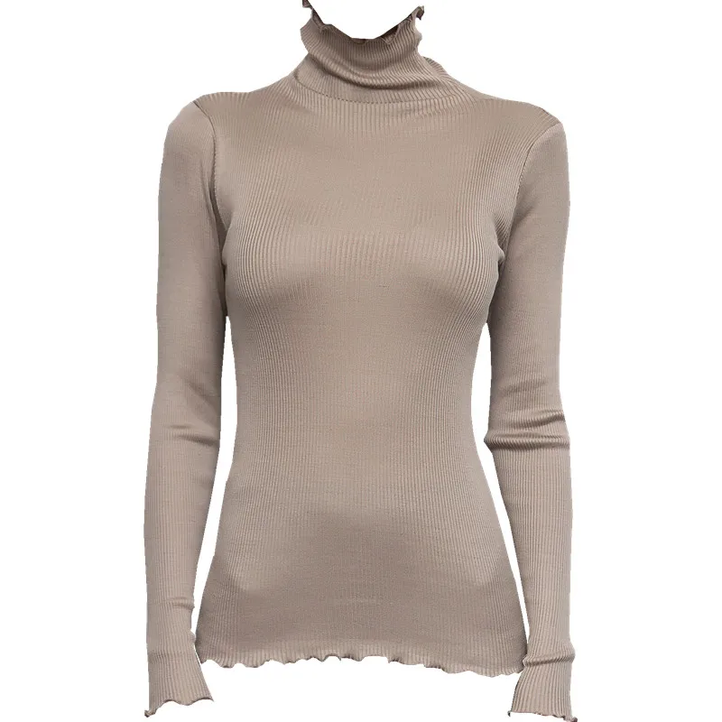 

Women Solid Turtleneck Pullovers 80%Silk 20%Cotton Slim Fit Rib Sweaters 2019 Autumn Winter Bottoming Knit wear