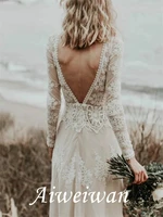 a line floor length long sleeves boat neck sweepbrush beach wedding party dressesbridal gowns appliques 2021