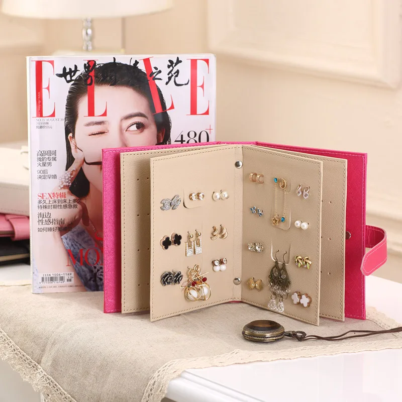 

Portable Leather Earrings Storage Book Jewelry Storage Organizer Rings Display Stand Rack Tray Travel Case Creative Booklet