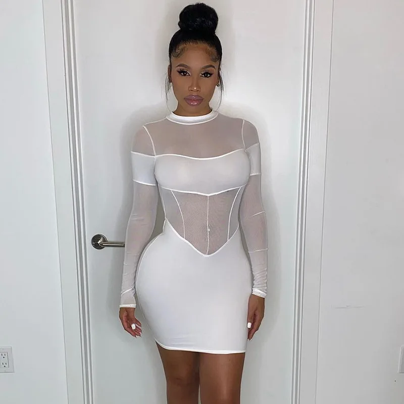

Women's Sexy Transparent White Dress 2021 Autumn Winter Bodycon Hip Short Prom Dresses New Mesh Stitching See-through Slim Dress