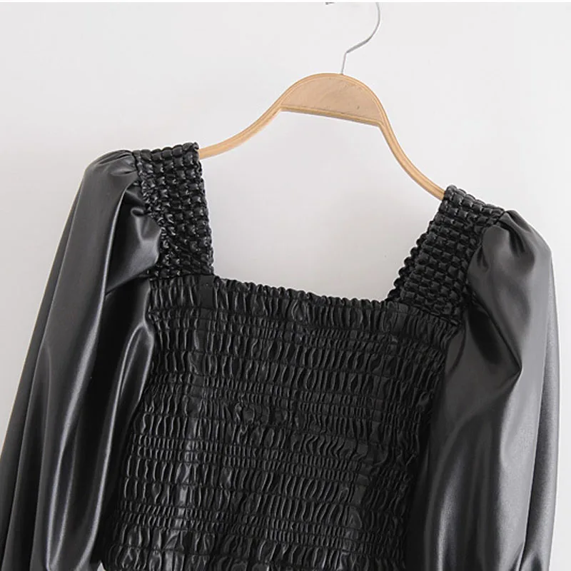 

Retro PU Square Neck Long Sleeve Women's Jacket Imitation Leather Black Puff Sleeve Elastic Cuffs Tight Chic Female Tops