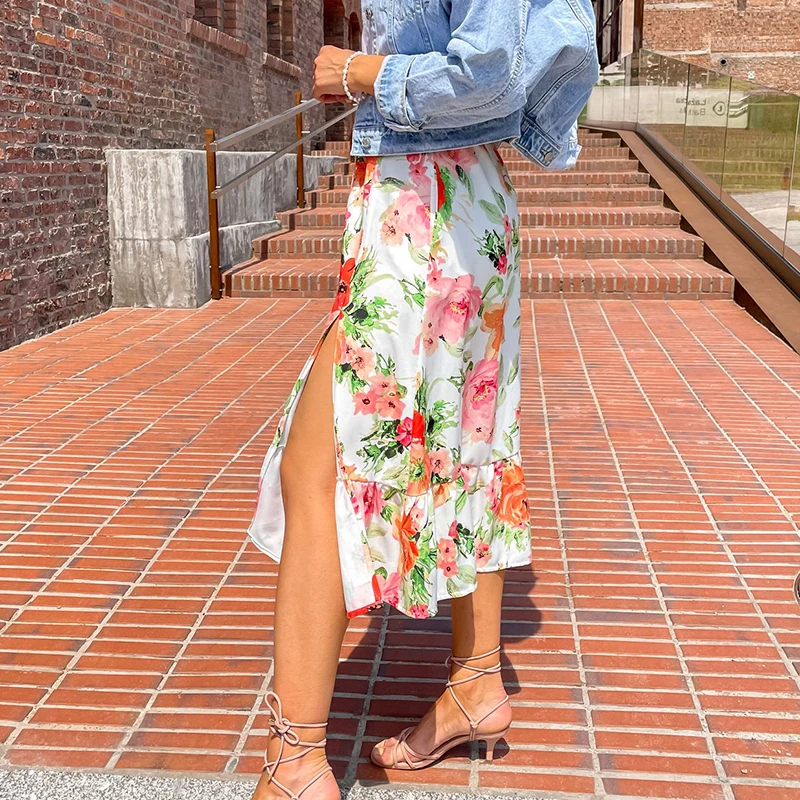 

High Waist Flowers Print Split Midi Skirt New Arrivals Women Elegant Boho A-Line Ruffles Skirt Holiday Ladies Floral Faldas 2021