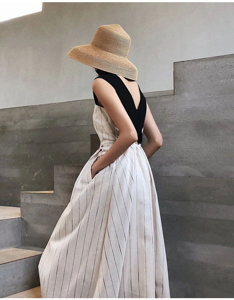 

2021 Women Casual Sleeveless Strap Linen Mid-calf Dress Summer striped Female Sundress Vestido