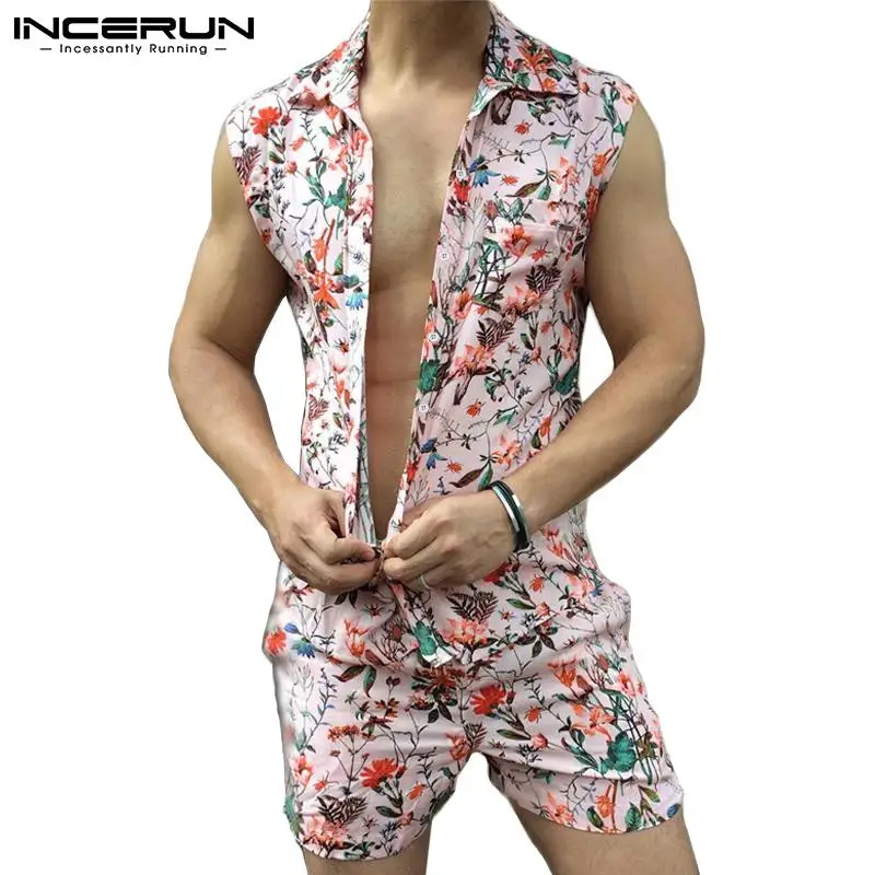 

Summer Men Hawaiian Sets Floral Print Vacation Lapel Sleeveless Shirt Beach Shorts Streetwear Casual Men Suits INCERUN 2 Pieces