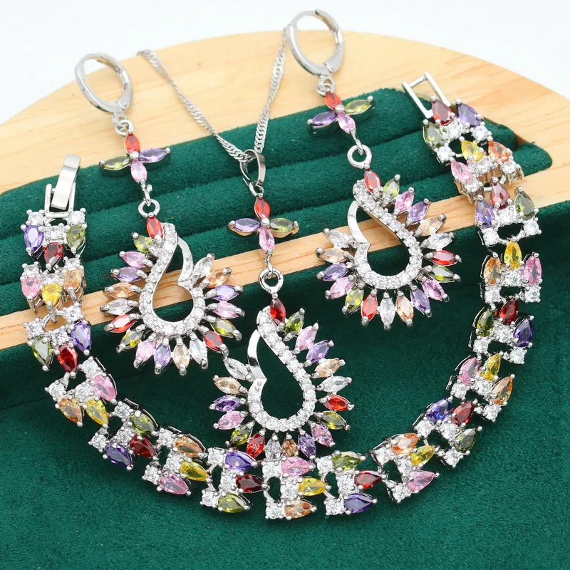 

Exquisite Silver Jewelry Sets For Women Multi color Zircon Bridal Bracelet Earrings Necklace Wedding Pendant 3PCS