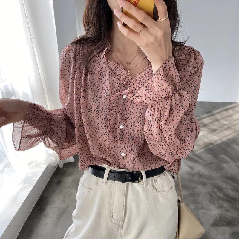 

Tao Sichuan Zhicongxi 2020 New Style Early Spring Floral Print V-neck Frilled Chiffon Long-Sleeve Shirt Women's Loose-Fit Slimmi