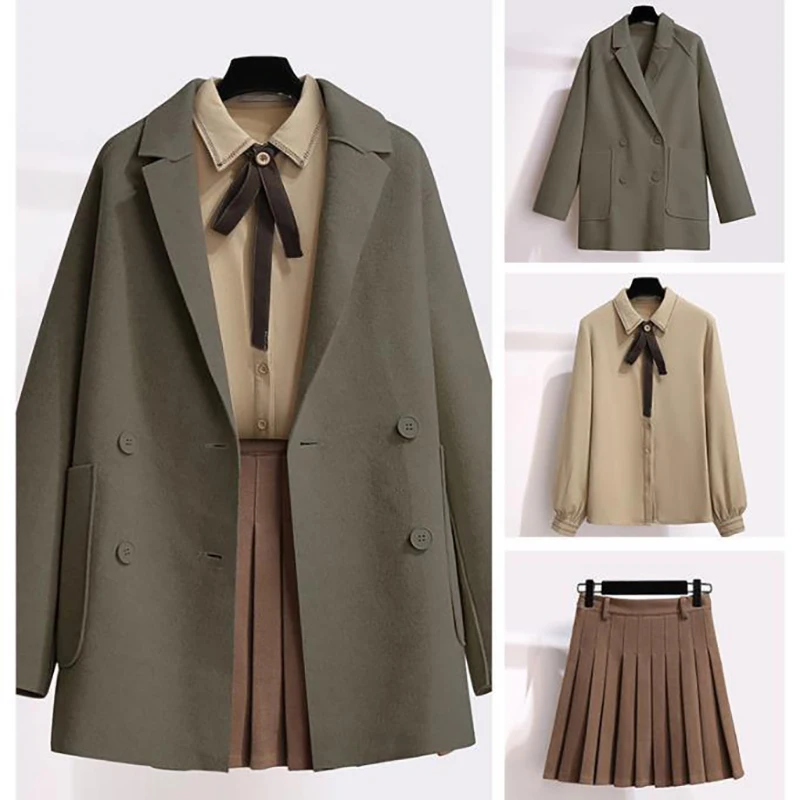 Шерстяное пальто куртка-тройка блузка короткая юбка размера плюс Женский