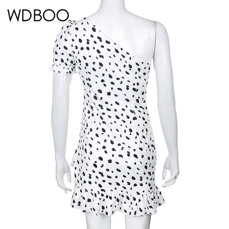 

WDBOO Slash Short Sleeve Polka Dots Ruffle Mini Dress Elegant Party Women Spring One Sleeve Ruched Bodycon Club Wear Short Dress