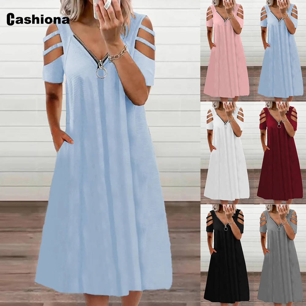 

Plus Size 3xl Women Zipper Sweet Dress Casual Hollow Out Sleeve A-line Party Dress 2021 Summer Knee-Length Dresses Streetwear