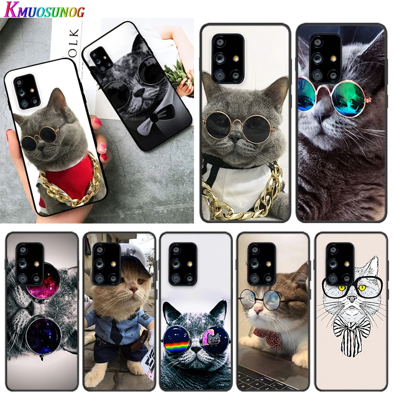 

Cat with glasses for Samsung A91 A81 A71 A72 A52 A51 UW A42 A41 A32 A31 A21 A12 A02S A11 Black Phone Case