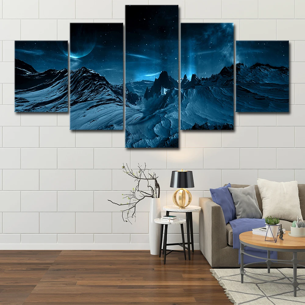

Canvas Painting Wall Art Home Decor Framework 5 Pieces Blue Aurora Borealis Snow Mountain Modern HD Printed Night Scene Pictures