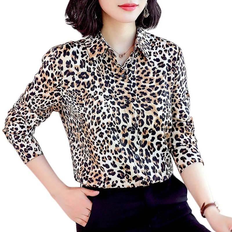 

Factory direct sales casual women's elegant versatile printed shirt women's long sleeve dress slim leopard shirt