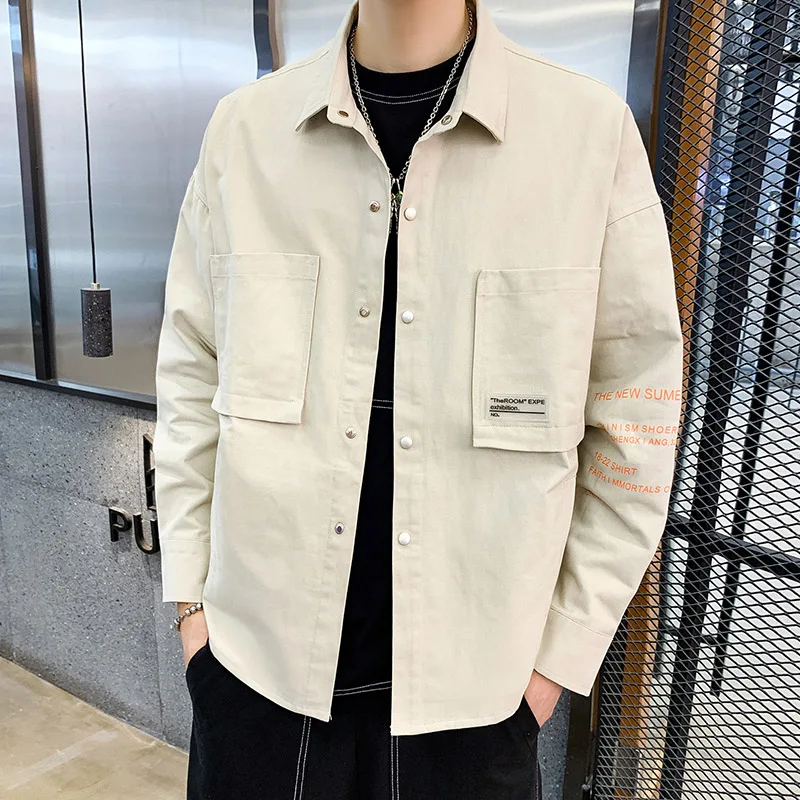 Мужская хлопковая куртка с большими карманами бежевая черная или зеленая