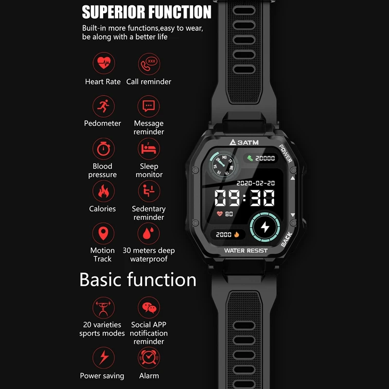 

C16 Smart Watch 1.69 Inch TFT 240X280 High-Definition Square Screen 3ATM Waterproof Bluetooth 5.0 Sports Watch