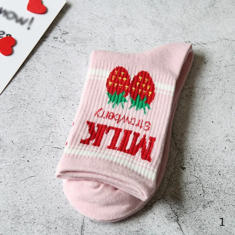 

Woman's Cotton Socks Happy Funny stockings Sweet Fruit Strawberry Milk Pinky White Women's Sock Letter Sox Harajuku Socks