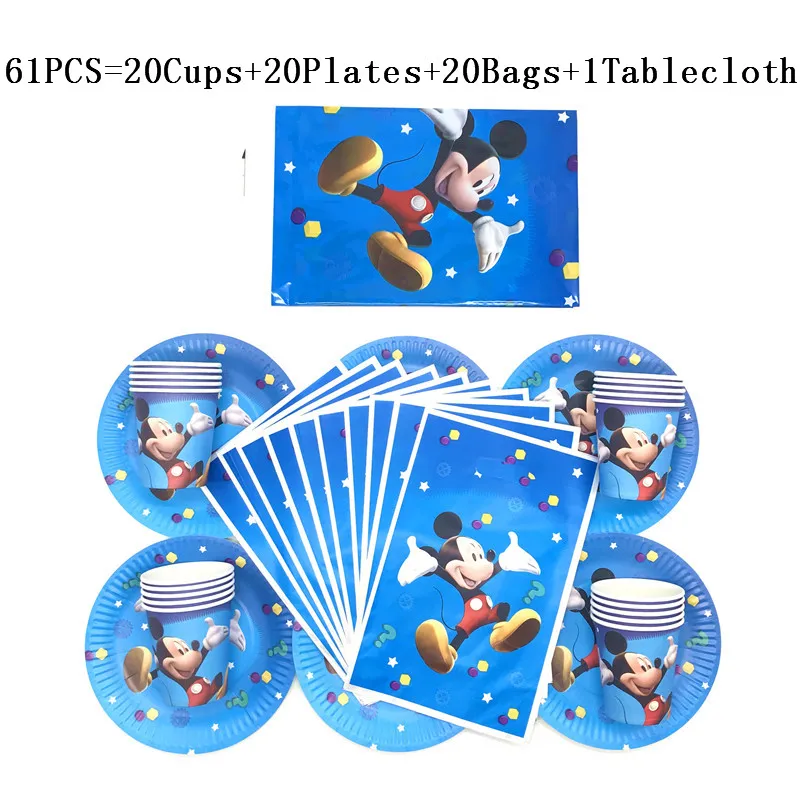 

61Pcs Disney Mickey Theme Kids Birthday Party Decorations Cups Plate Tablecloth Festival Gift Bags Mickey Tableware Supply