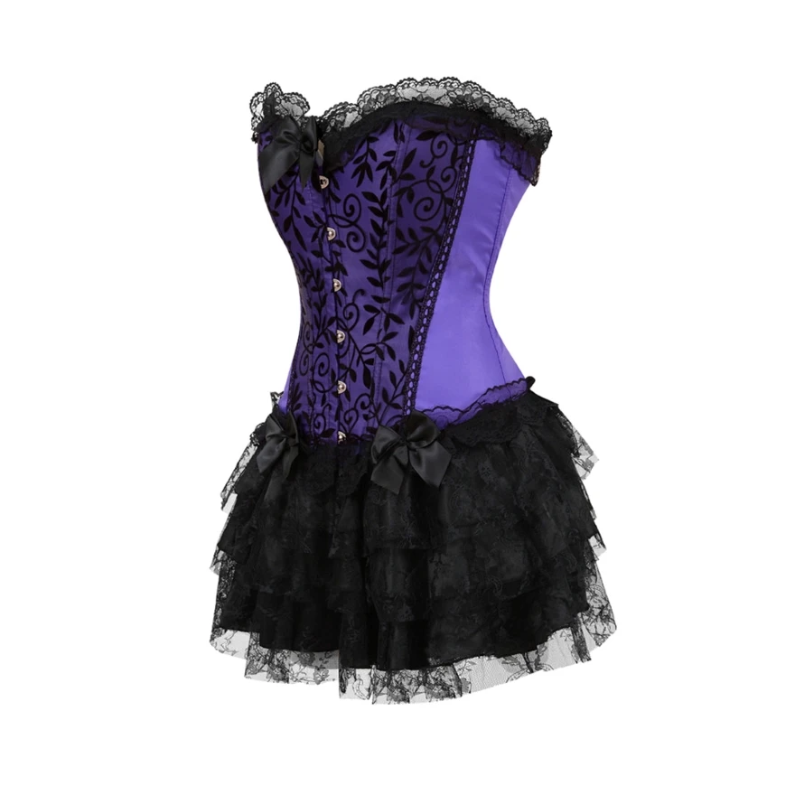 

Women Sexy Lace Trim Corset Dress Victorian Vintage Floral Slim Overbust Corset Bustier Lingerie Top With Mini Pleated Skirt Set