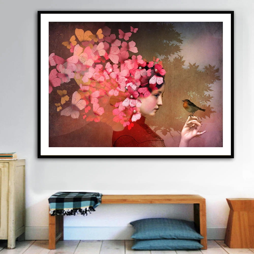

Decorative Painting Living Room Home Decoration Flowers Woman Butterfly Abstract Canvas Painting Wall Art Print Poster Picture