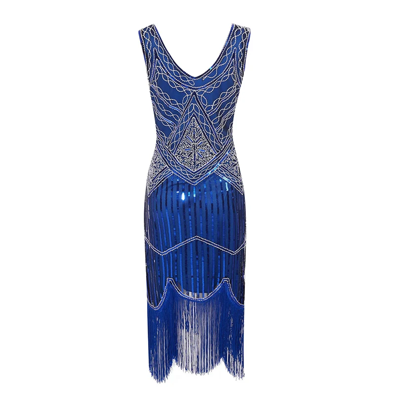Blue Dress 1920s Гэтсби блесток бахромой Пейсли Хлопушка платье с 20s аксессуары набор xs, s, l, m, xl, xxl - Цвет: Blue Dress