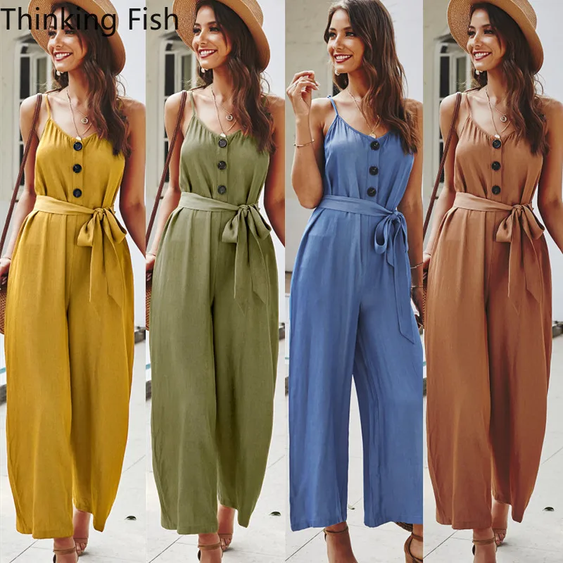 

Jumpsuit Women Fashion Summer Romper Button Sleeveless Solid Casual Beach Party Loose Wide Leg Long Pant Trousers Holiday
