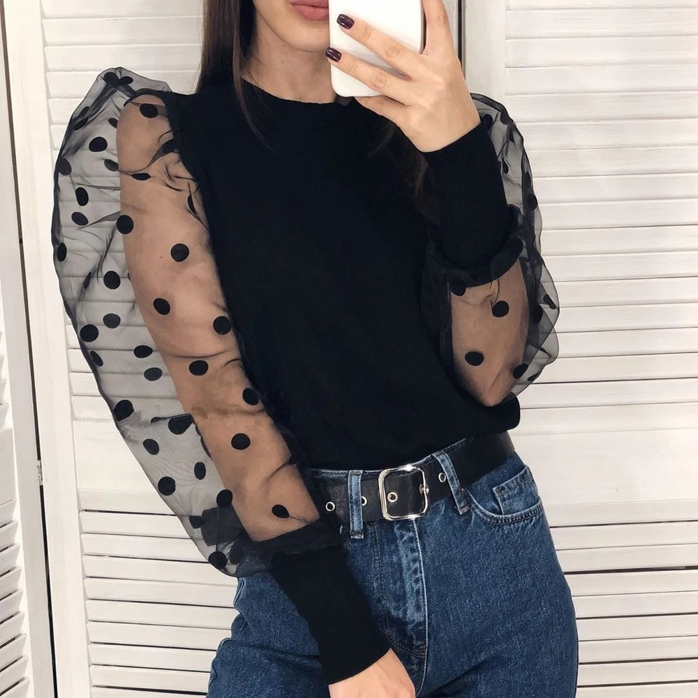 Женская сетчатая прозрачная блузка новинка 2020 элегантные облегающие Топы в