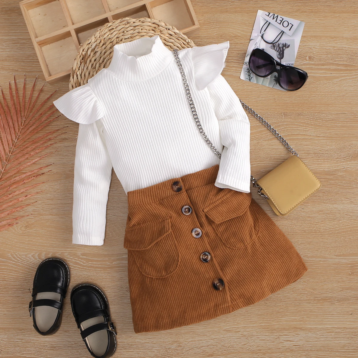 Fashion Kids Girls Clothes Autumn Set Long Sleeve Turtle Neck Ribbed White Tops High Waist Buttoned Skirt with Pockets Outfits