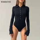 WannaThis сексуальное боди для женщин с длинным рукавом на пуговицах с отложным воротником боди обтягивающие эластичные повседневные трикотажные однотонные женские осенне-2020