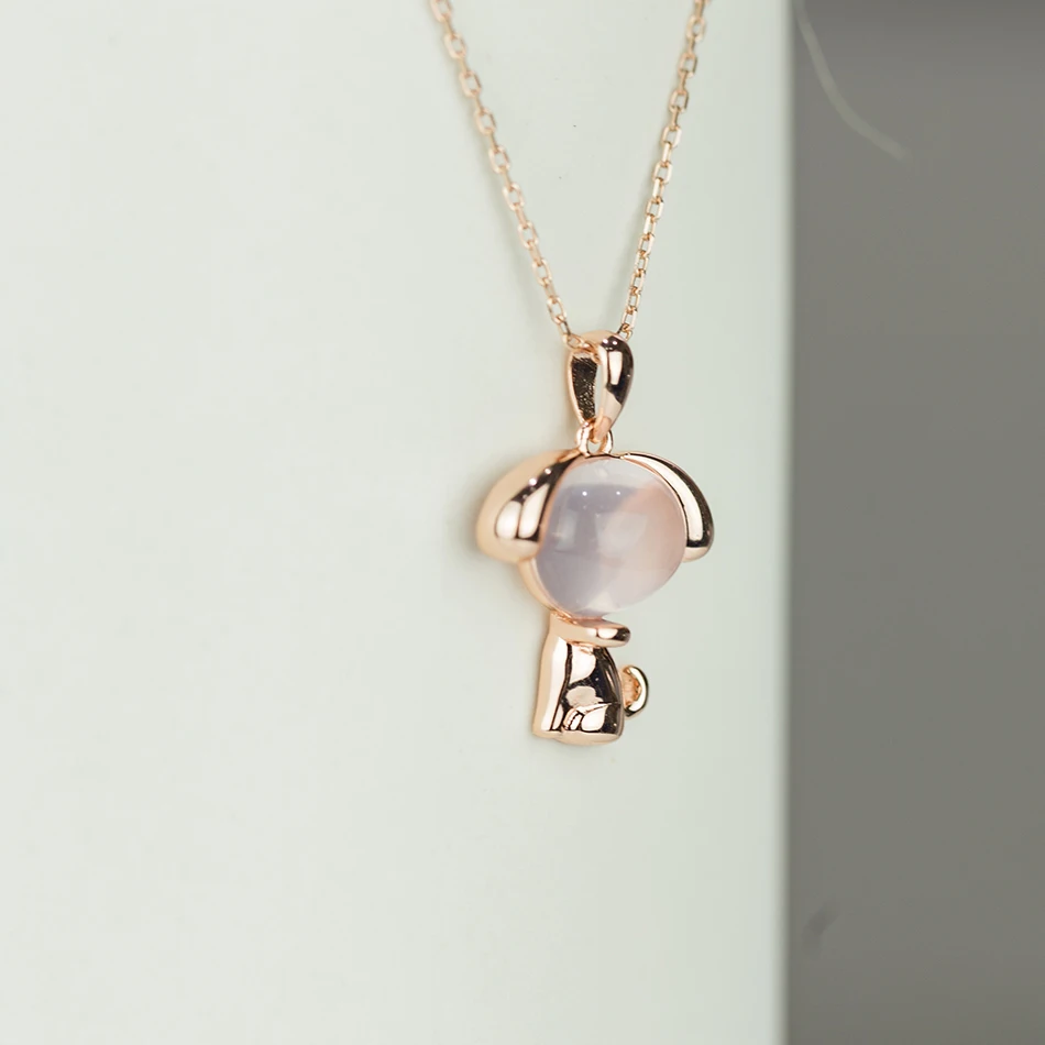 ALLNOEL, настоящая 925 пробы, Серебряная роза, кварц, подвеска, натуральный розовый драгоценный камень, милая собака, ожерелье, серьги, ювелирные наборы для женщин